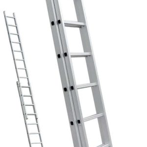 Aluminium extension ladder with multiple rungs and extendable sections for safe access to elevated work areas
