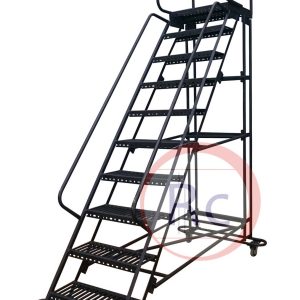 Heavy-duty mobile steel step ladder with safety handrails, wide anti-slip steps, and lockable castor wheels for secure elevated access in industrial environments
