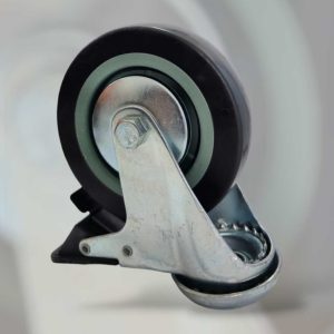 Heavy-duty swivel castor wheel with brake, black rubber tread and metal mounting bracket for industrial applications