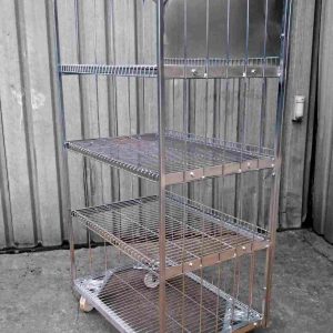 Three-tier egg trolley with improved mesh racks and back panel for stability