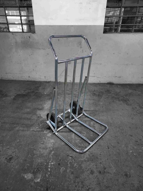 Flatbed trolley with back support open and ready for loading bulky goods