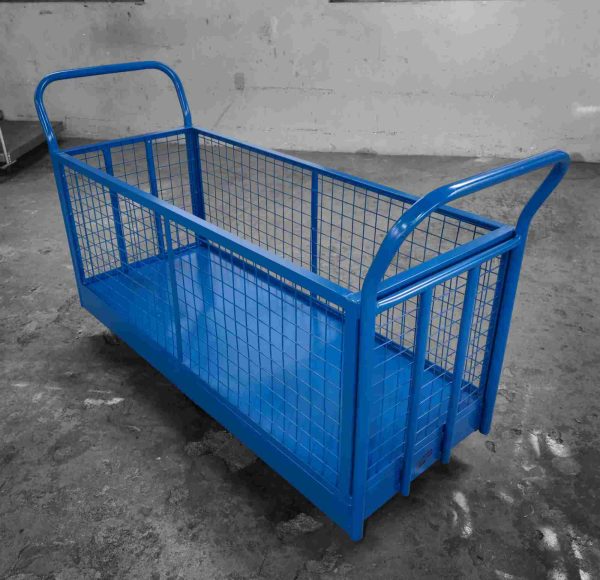 Blue powder-coated metal trolley with mesh sides and dual handles for pushing