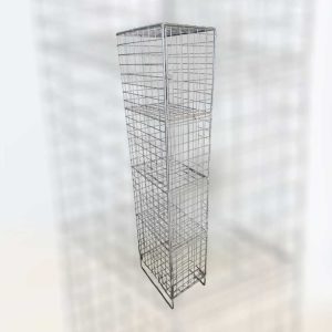 Tall metal mesh locker unit with four stacked compartments and lockable doors for secure storage