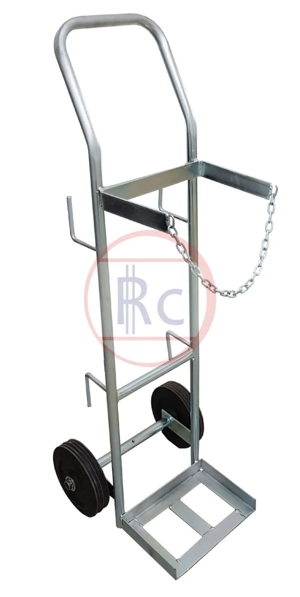 Silver cylinder trolley with back support and chain for securing load