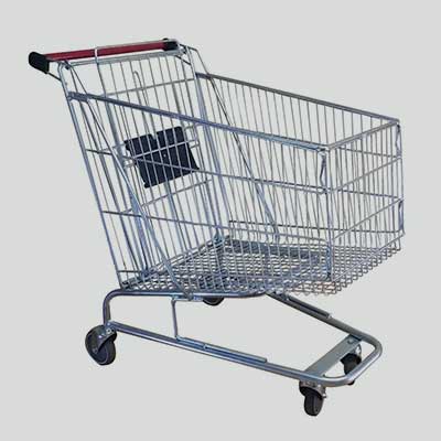 Retail shopping trolley with metal wire basket, push handle, and swivel castor wheels for smooth maneuverability